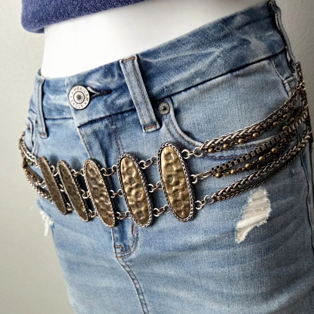 Chico's Wide Multi Chain Belt With Hammered Bronze Front Panels